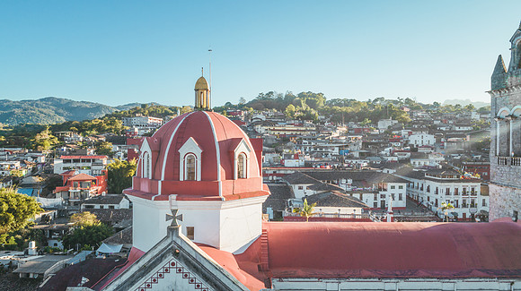 Parroquia de San Francisco de Asís, transept dome detail and town, Cuetzalan
